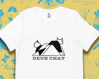 Minimalist cats t-shirt, art deco style hand drawn graphic art, premium casual tee, cool gift top for cat lover or valentine