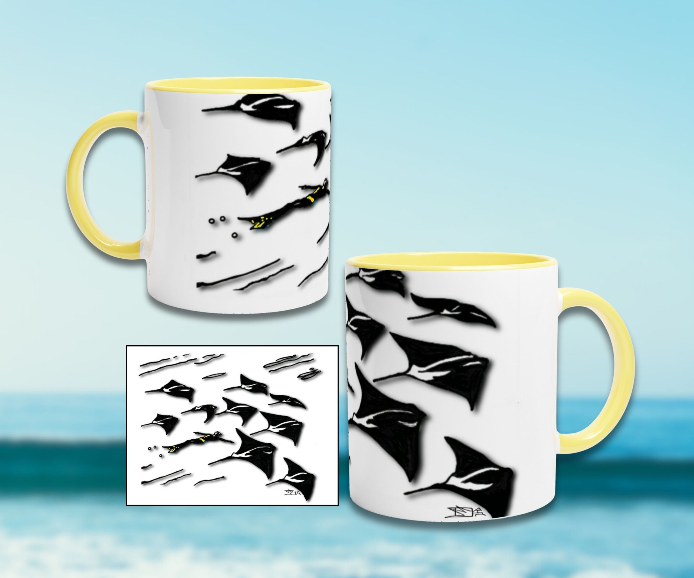 Kubek z latającymi płaszczkami, biały ceramiczny, 11 uncji z żółtymi akcentami, ręcznie rysowana oryginalna grafika, motyw wodny, oceaniczny, doskonały prezent