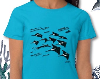 Flying stingrays t-shirt, underwater beauty of snorkeling top, hand drawn graphic art, unisex tee, great gift for scuba, snorkeling fans