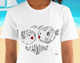 Puffer fish schwing t-shirt, hand drawn original art, beach lovers casual tee, gift top for divers, ocean lovers, valentine day