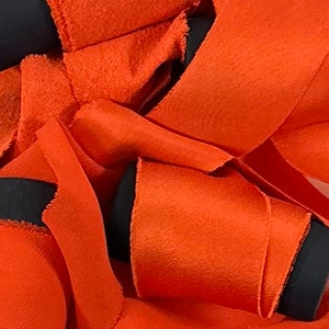Tangerine Orange Mulberry Silk Ribbon Hand Bias Cut and Hand Dyed Charmeuse, Twill, Chiffon and Raw Noil (3 Yards)