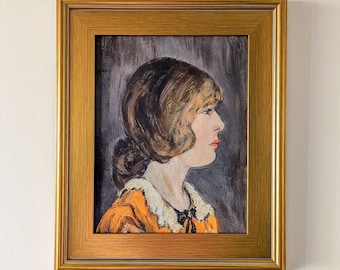 Vintage Portrait Painting: 1920s Lady, Gold Frame, Archival Print (17x20)