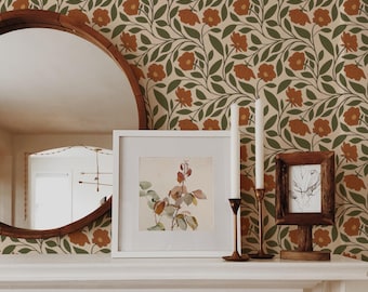 Vintage Floral wallpaper, Peel and Stick, Renter Friendly, Green Vine Wallpaper, English Cottage, Cottagecore, Morris Style, Farmhouse