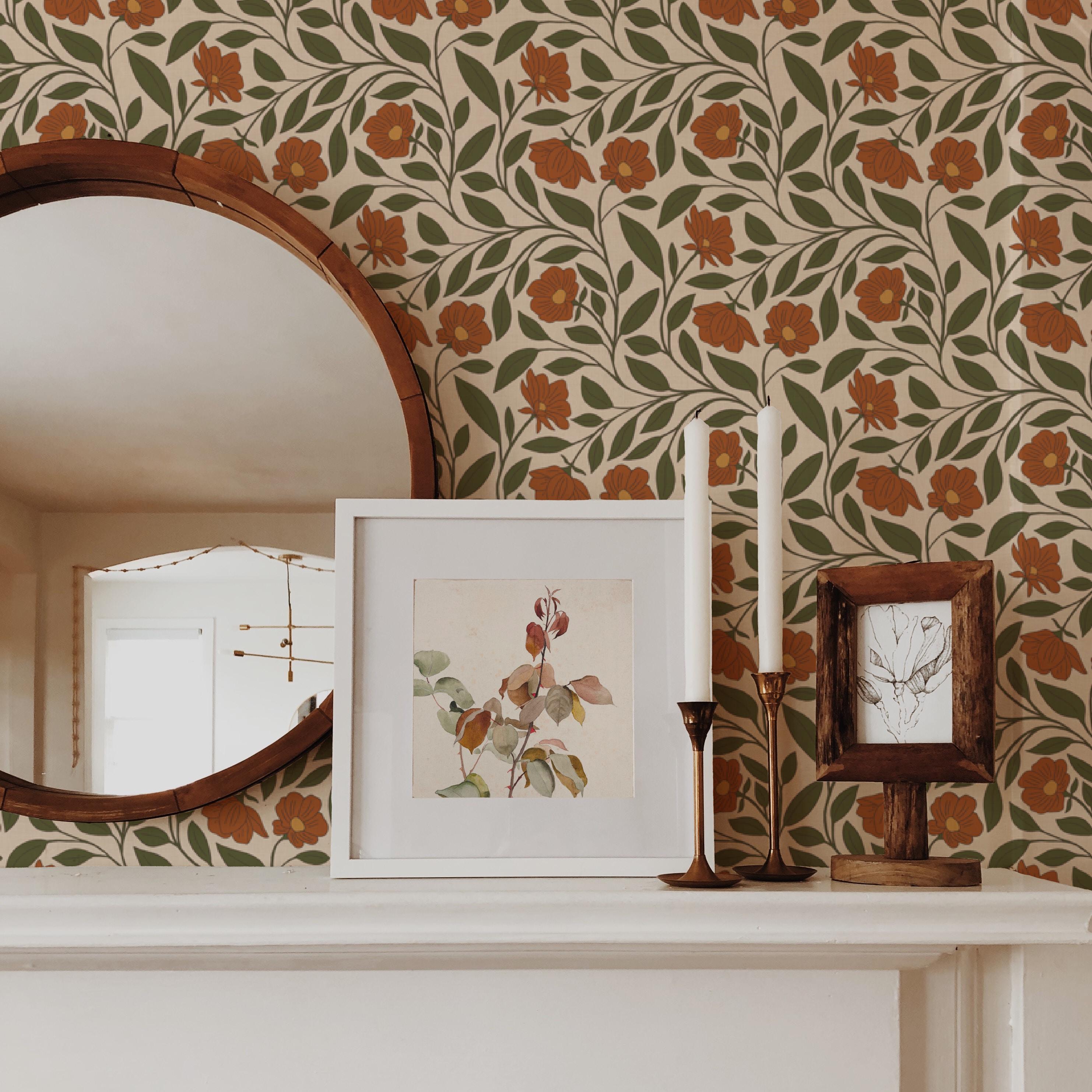 Vintage Floral wallpaper, Pre-pasted, Renter Friendly, Green Vine Wallpaper, English Cottage, Cottagecore, Morris Style, Farmhouse