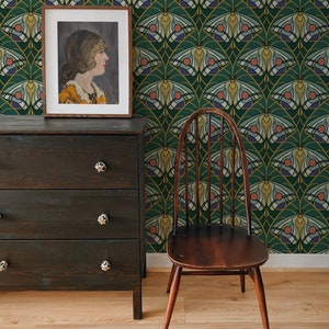 Art Deco Moth, Green Wallpaper, Peel and Stick Wallpaper, Pre-pasted Removable, Renter Friendly, Arts and Crafts, Art Nouveau, MAximalist