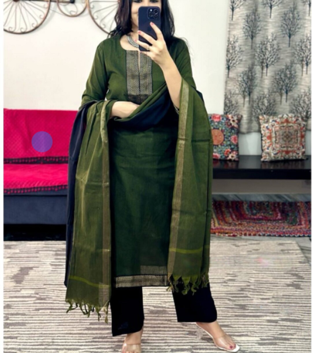 Premium South Cotton Handloom Kurti With Temple Border on Yoke and