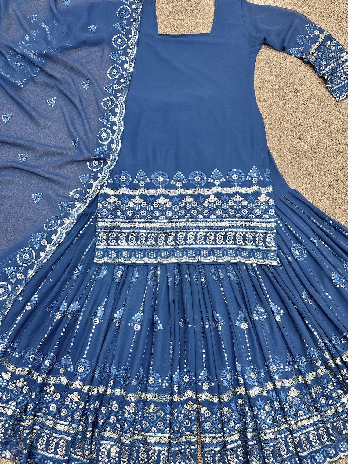 Women Party Wear Embroidered Kurta With Sharara And Dupatta Set