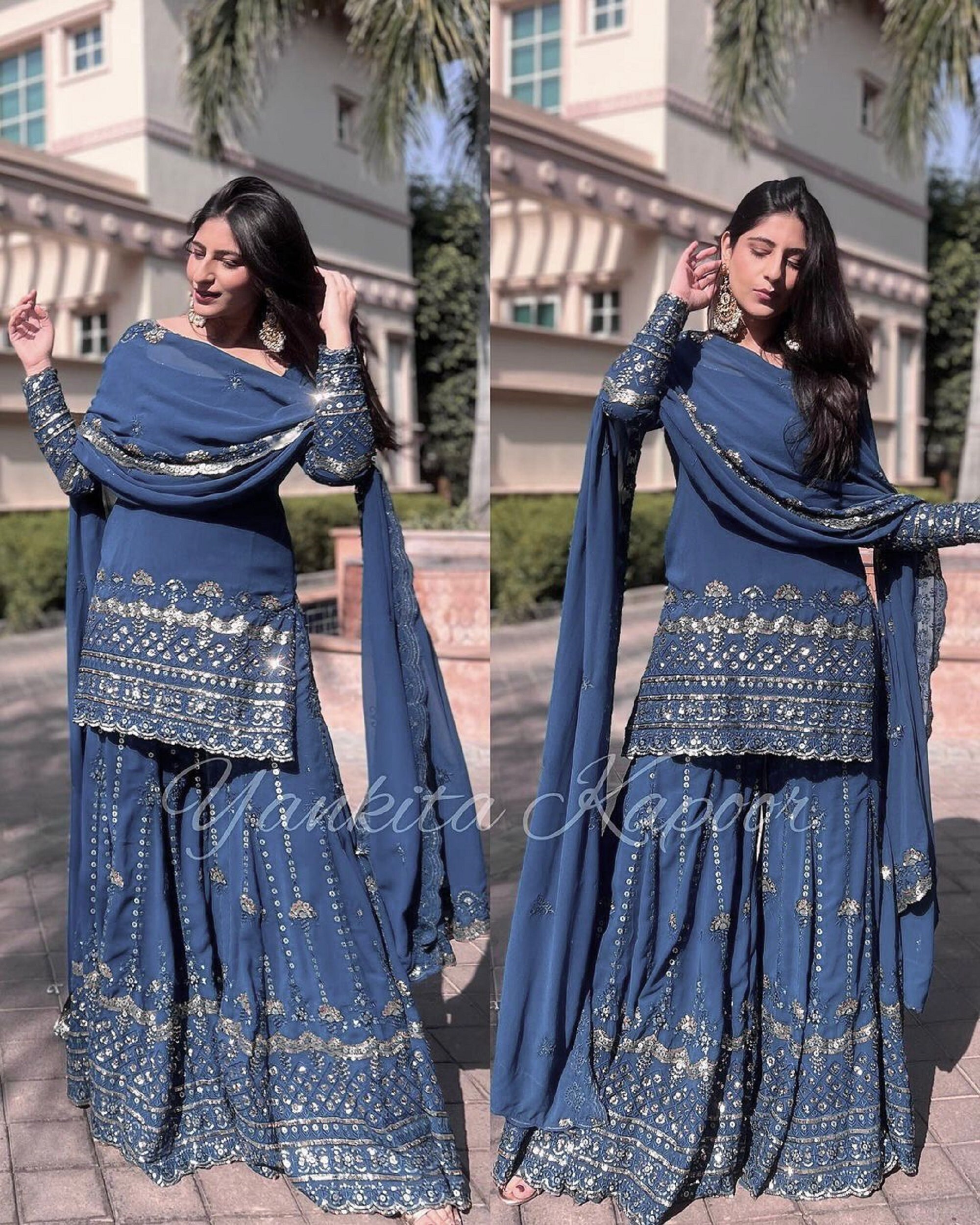 Women Party Wear Embroidered Kurta With Sharara And Dupatta Set