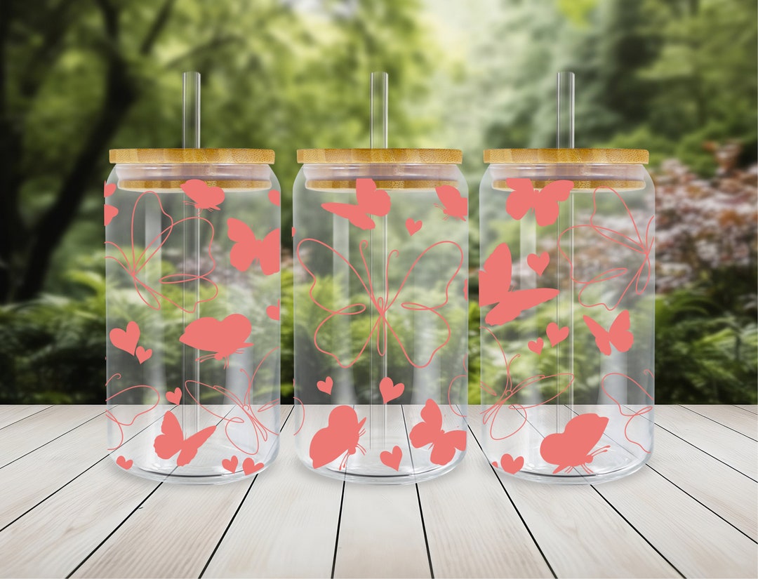 Pink Butterfly 16 Oz Libbey Glass Can Tumbler Sublimation Design,glass ...