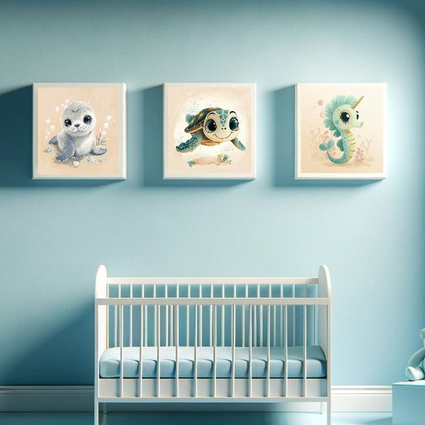 Affiche Imprimable Animaux Mignons de la Mer - Déco Chambre Enfant, Trio Illustré, tableaux imprimables