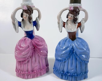Bases para lámparas de mesa de tocador coloniales pintadas de porcelana alemana de la década de 1930, 6 pulgadas, JUEGO DE 2