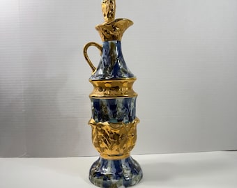 1965 James B. Beam Distillery Ceramic Decanter C. Miller Blue with Gold Gilt 12.5” Tall