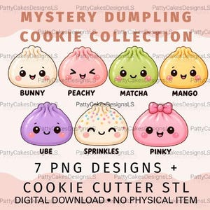 Peut inclure: Une collection numérique de sept illustrations de boulettes de pâte dessinées, nommées Bunny, Peachy, Matcha, Mango, Ube, Sprinkles et Pinky. Le texte indique MYSTERY DUMPLING COOKIE COLLECTION, 7 PNG DESIGNS + COOKIE CUTTER STL, DIGITAL DOWNLOAD.