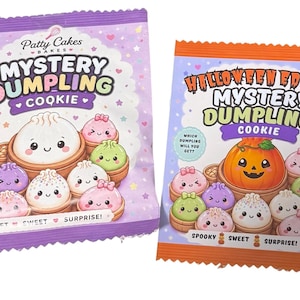 May include: Two rectangular snack packets labelled Mystery Dumpling Cookie. The left packet is purple with illustrations of various colourful dumpling characters. The right packet is orange and purple, labelled Halloween Edition, featuring a pumpkin dumpling character.