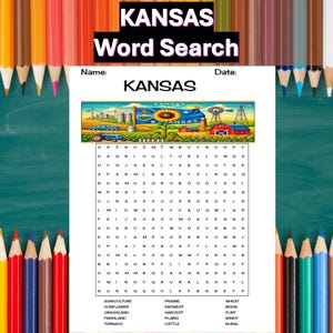 May include: A word search puzzle with the word "KANSAS" at the top. The puzzle features words related to the state of Kansas, such as agriculture, prairie, wheat, sunflower, midwest, boon, grassland, harvest, flint, farmland, plains, windy, tornado, and cattle.
