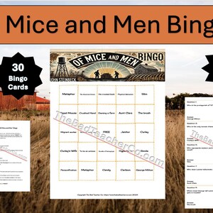 Könnte beinhalten: Ein druckbares Bingospiel basierend auf dem Roman "Of Mice and Men" von John Steinbeck. Das Spiel enthält 30 Bingokarten und 30 Ausrufkarten. Die Bingokarte enthält Felder mit Themen aus dem Roman, wie "Der Traum", "Curleys Frau" und "Tante Clara".