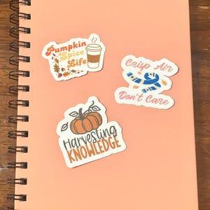 Può includere: Un quaderno rosa con tre adesivi a tema autunnale. Gli adesivi recitano "Pumpkin Spice Life", "Crisp Air Don't Care", e "Harvesting Knowledge" con un'illustrazione di zucca.