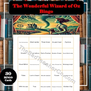 May include: A colorful bingo card with the title "The Wonderful Wizard of Oz Bingo". The card features images from the book, including Dorothy, the Wicked Witch, and the Yellow Brick Road. The squares on the card contain phrases and words from the book, such as "Giant spider", "Three times", "As giant head", "Cyclone", "Good Witch's kiss", "Blindingly bright", "Lost in Desert", "Silk with sawdust", "Forest", "One telescopic eye", "With his axe", "True", "Brain pins needles", "Stinging Tin Woodman", and "Golden Cap".