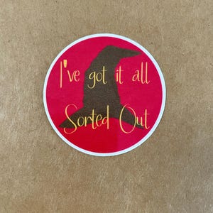 Pode incluir: Um adesivo circular vermelho com uma borda branca. O adesivo apresenta uma silhueta marrom de um chapéu de bruxa e o texto "I've got it all Sorted Out" em letras douradas.