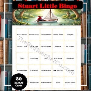 May include: A colorful bingo card with the title "Stuart Little Bingo". The card has a grid of 25 squares with different words related to the book "Stuart Little" by E.B. White. The center square says "FREE".