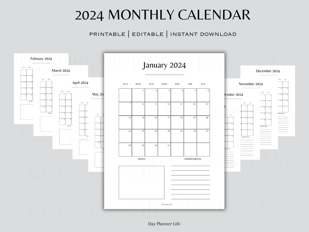 2024 Monthly Calendar | Dated Printable Planner | Minimalist Calendar