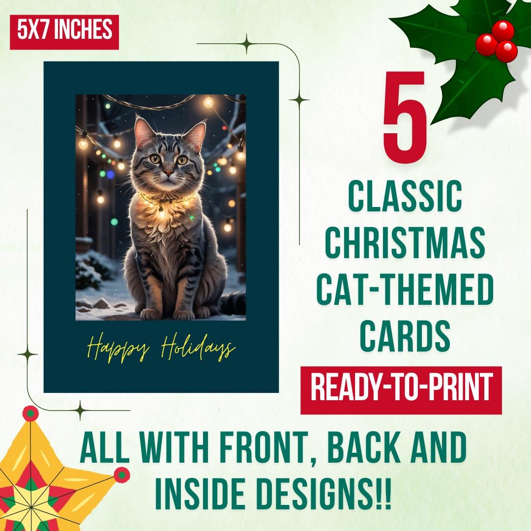 Classic Christmas Cat Theme Cards - Digital Download, Printable Holiday ...