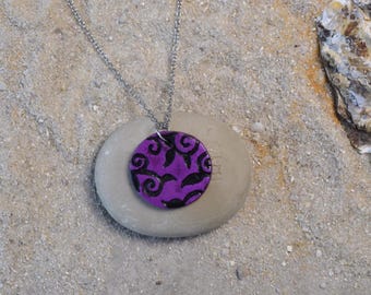 Japanese-patterned pendant, round purple necklace with black arabesque designs, hand-painted and textured jewelry, gift idea for women and mothers