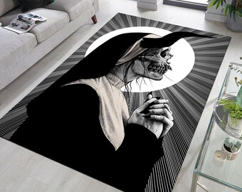 Skeleton Nun Rug, Gothic Halloween Horror Carpet, Black and White Mat