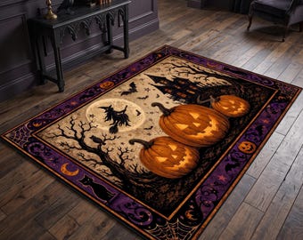 Spooky Halloween Rug, Jack O Lantern Area Rug, Haunted Mansion Carpet, Witch Flying Moon Decor, Gothic Fall Pumpkin Rug
