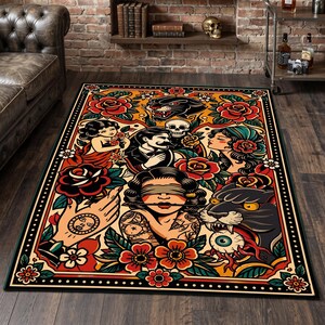 May include: A rectangular area rug featuring a vibrant traditional tattoo-style print. The design includes illustrations of a blindfolded person, a panther, a skull, roses, and various figures in a bold color palette of red, yellow, and black.