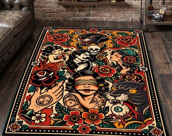 Tattoo Flash Rug, Panther Skull Carpet, Old School Traditional Tattoo Decor, Rockabilly Gothic Area Rug