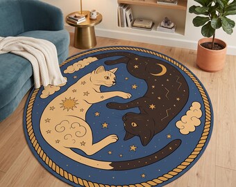 Yin Yang Cats Surrounded by Celestial Stars, Clouds, and Moon on Blue Background