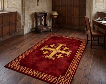 Jerusalem Cross Prayer Rug, Christian Kneeler, Catholic Gift, Medieval Gothic Decor, Red Gold Crusader Mat, Religious Art, Non Slip Carpet