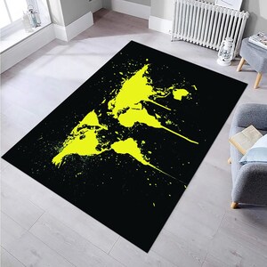 Tapis carte du monde noir jaune, tapis carte, tapis moderne, tapis design, tapis moderne, tapis abstrait, paillasson, tapis moderne, tapis de décoration intérieure, tapis cool