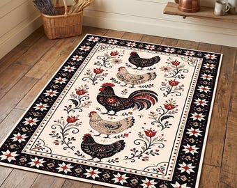Farmhouse Chicken Rug, Folk Art Rooster Area Rug, Rustic Floral Hen Decor, Black White Red Kitchen Floor Mat