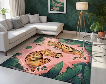 Botanical Tiger Print Rug, Exotic Animal Design