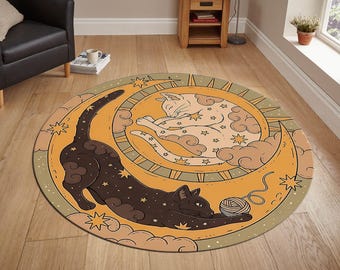 Cat Round Rug, Cat Lover Rug, Moon Cat Rugs, Animal Rug, Boho Rug, Custom Rug, Indoor Rug, Door Mat, Washable Carpet, Colorful Rug Gift