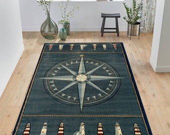 Lighthouse Nautical Rug, Compass Design, Compass Rug,Rug Decoration,Salon Decor,Dining Room Decor,Fantastic Rug,Area Rug,Custom Rug,Non Slip