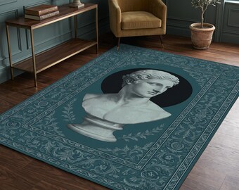 Greek Statue Bust Rug in Vintage Teal, Classical Sculpture Area Carpet, Antique Style Decorative Rug, Aesthetic Living Room Rug