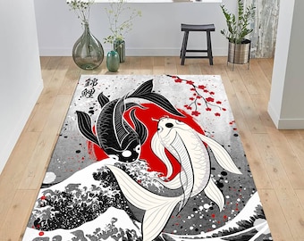 Yin Yang Koi Fish Rug, Japanese Cotton Area Rug