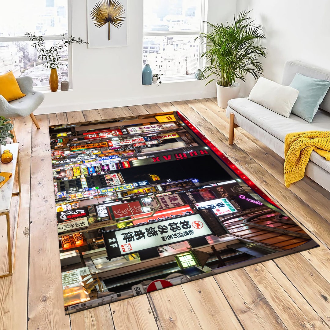 Tokyo Rug Night in Tokyo Rug, Japanese Street Design, Cotton Area Rug - Etsy
