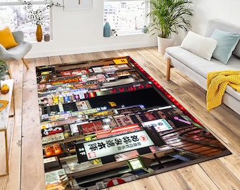 Night in Tokyo Rug, Japanese Street Design, Cotton Area Rug