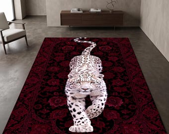 Snow Leopard Printed Area Rug: Dark Red Floral Carpet, Machine-Washable Non-Slip