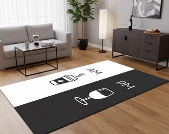 Coffee and Wine Kitchen Rug, Modern Black and White Art