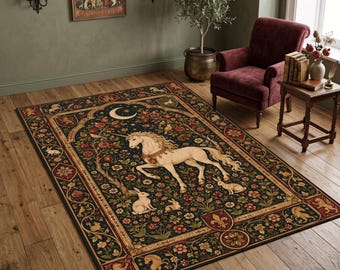 White Unicorn Rug, Medieval Garden Carpet with Rabbits, Pomegranate Trees, Crescent Moon and Heraldic Floral Border, Green Fantasy Area Rug