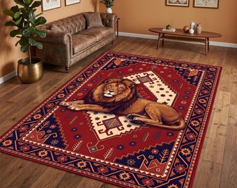 Lion Rug, Vintage Oriental Carpet Design, Animal Print Hallway Rug, Boho Anatolian Kilim Decor