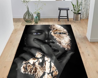Black and Gold Woman Art Rug, African Portrait, Cotton Area Rug