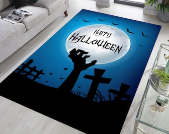 Gothic Halloween Rug, Bat Moon Design, Dark Theme Decor
