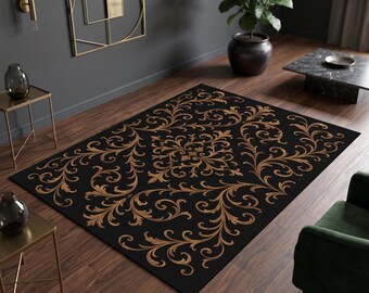 Noir Baroque Ornate Rug – Elegant Black and Gold Carpet with Vintage Scrollwork, Classic Gothic Luxury Rug for Living Room Decor