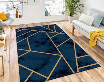 Blue and Gold Marble Rug, Geometric Accent Rug, Machine Washable
